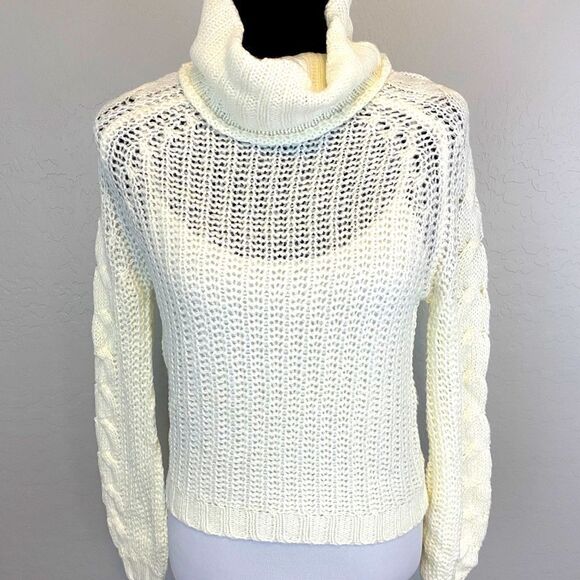 Planet Gold Women’s Ivory Cozy Cables Cowl Neck Sweater Size Medium - Picture 2 of 9